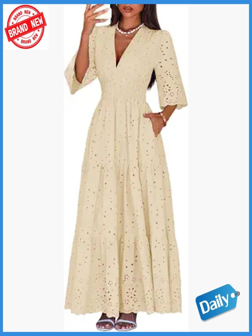 V Neck Hollow Out Eyelet Ruffle Swing A-Line Maxi Dress